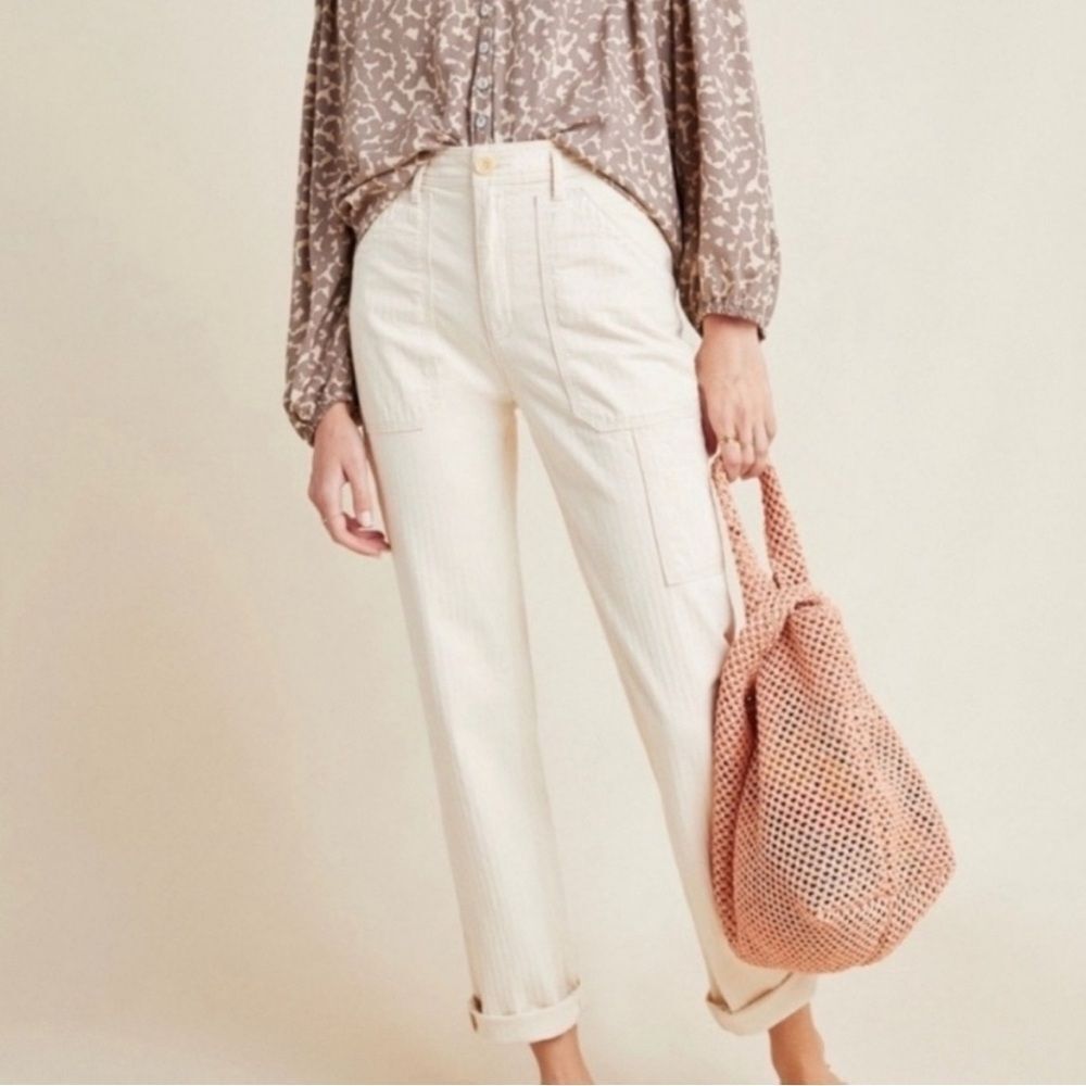 Anthropologie Ivory Pinstripe Carpenter Pants Casual Preppy Office Size 25